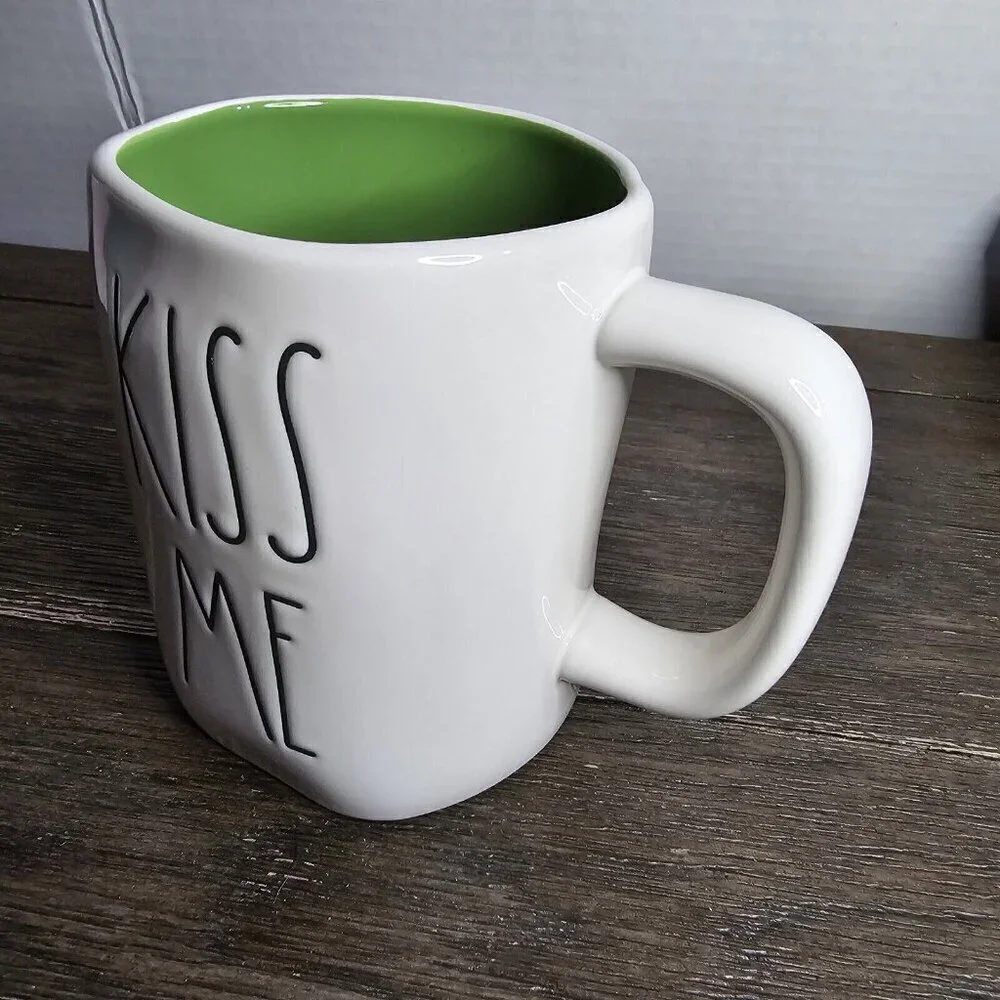 NWT Rae Dunn Artisan Kiss Me St Patrick's Day Mug Double Sided Four Leaf Clover
